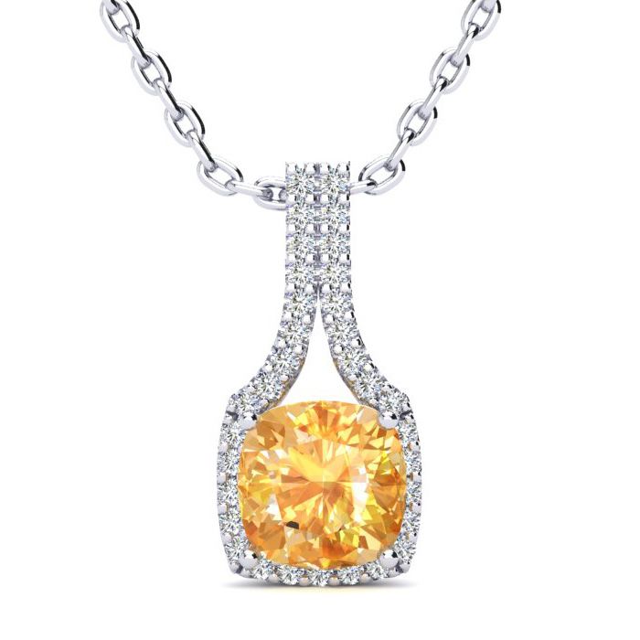 1 3/4 Carat Cushion Cut Citrine & Classic Halo Diamond Necklace in 14K White Gold (2.8 g), 18 Inches,  by SuperJeweler