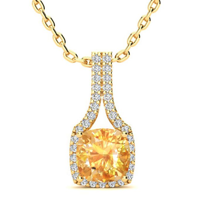 1 3/4 Carat Cushion Cut Citrine & Classic Halo Diamond Necklace in 14K Yellow Gold (2.8 g), 18 Inches,  by SuperJeweler