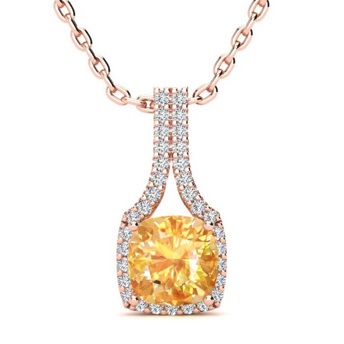 1 3/4 Carat Cushion Cut Citrine & Classic Halo Diamond Necklace in 14K Rose Gold (2.8 g), 18 Inches,  by SuperJeweler