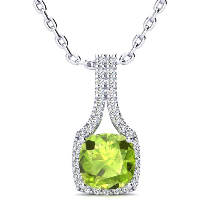 1 3/4 Carat Cushion Cut Peridot & Classic Halo Diamond Necklace in 14K White Gold (2.8 g), 18 Inches,  by SuperJeweler