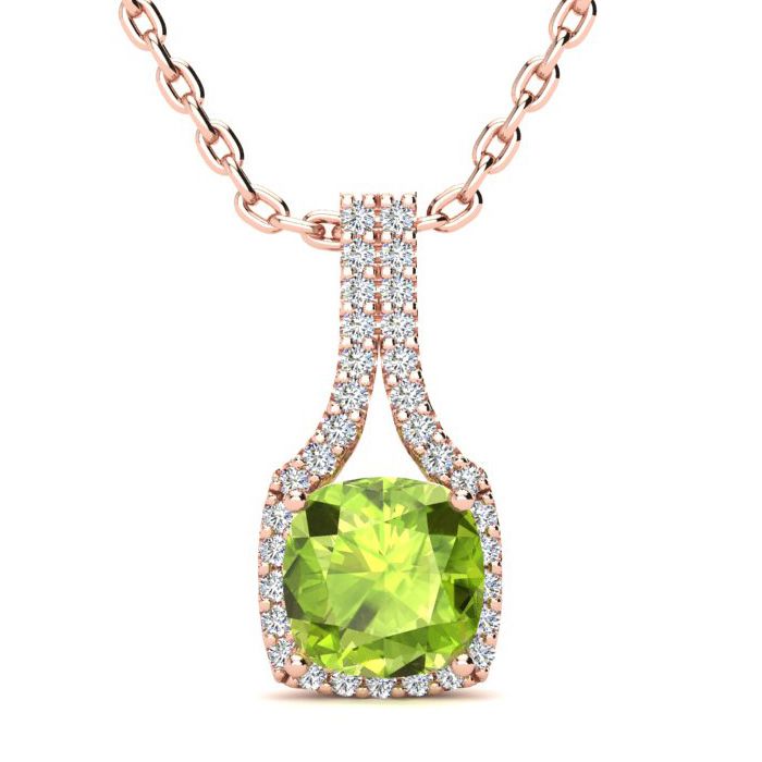 1 3/4 Carat Cushion Cut Peridot & Classic Halo Diamond Necklace in 14K Rose Gold (2.8 g), 18 Inches,  by SuperJeweler