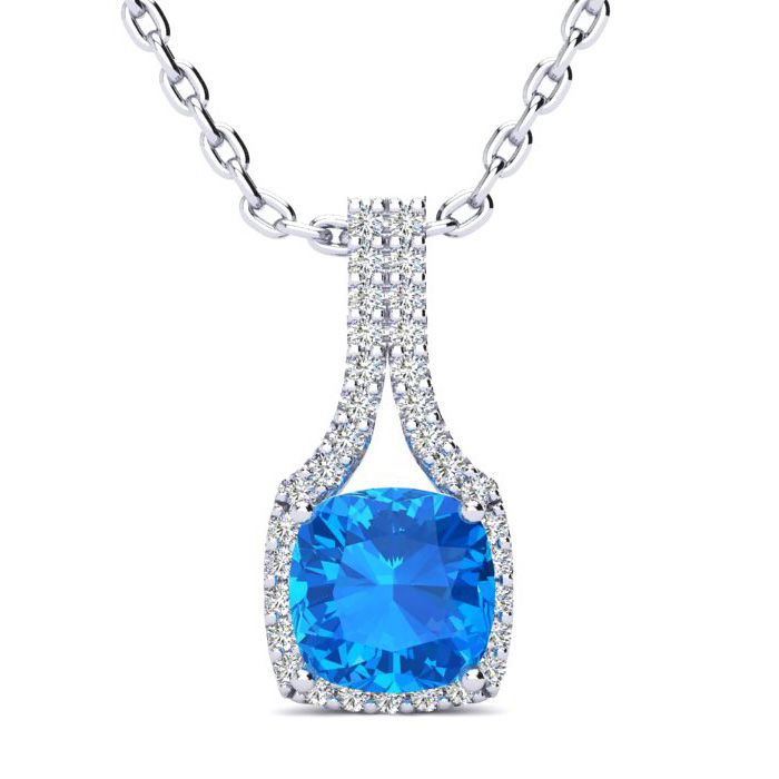 2 Carat Cushion Cut Blue Topaz & Classic Halo Diamond Necklace In 14K White Gold (2.8 G), 18 Inches, I/J By SuperJeweler