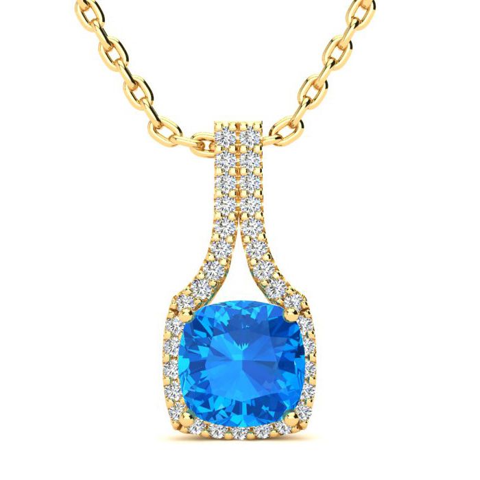 2 Carat Cushion Cut Blue Topaz & Classic Halo Diamond Necklace In 14K Yellow Gold (2.8 G), 18 Inches, I/J By SuperJeweler