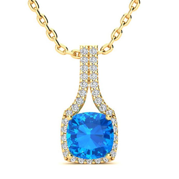 2 Carat Cushion Cut Blue Topaz & Classic Halo Diamond Necklace in 14K Yellow Gold (2.8 g), 18 Inches,  by SuperJeweler