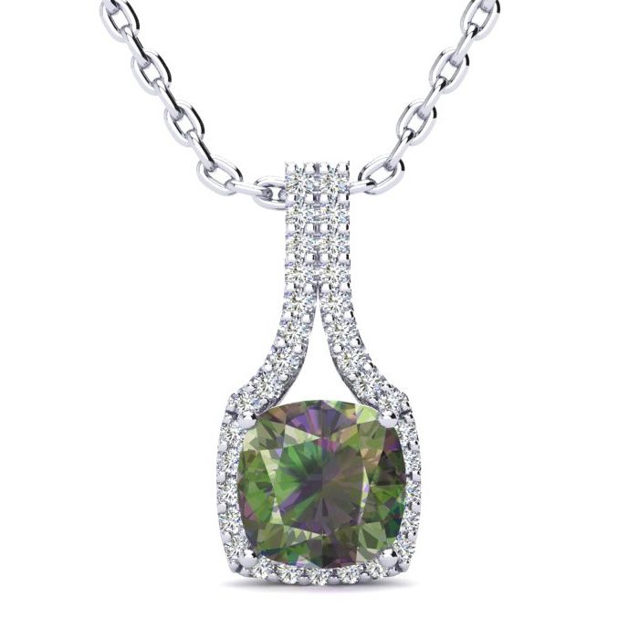 2 Carat Cushion Cut Mystic Topaz & Classic Halo Diamond Necklace in 14K White Gold (2.8 g), 18 Inches,  by SuperJeweler