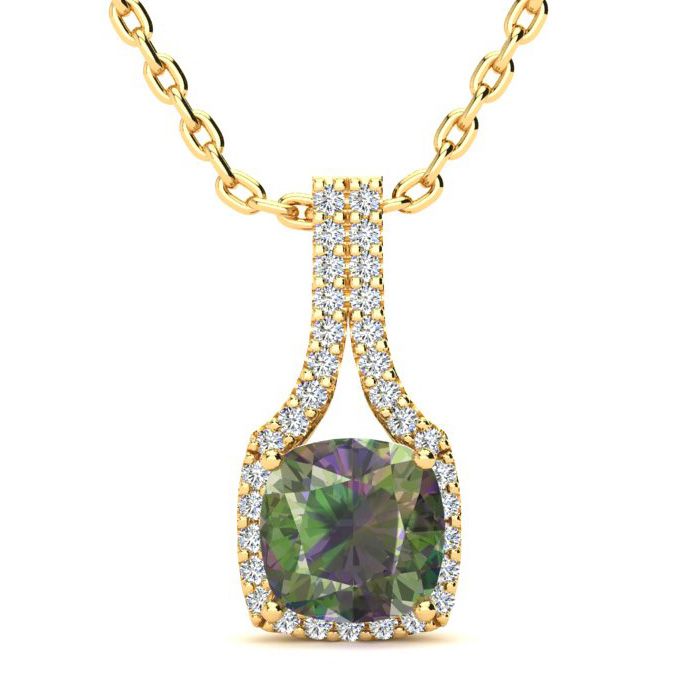 2 Carat Cushion Cut Mystic Topaz & Classic Halo Diamond Necklace in 14K Yellow Gold (2.8 g), 18 Inches,  by SuperJeweler