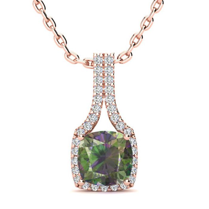 2 Carat Cushion Cut Mystic Topaz & Classic Halo Diamond Necklace in 14K Rose Gold (2.8 g), 18 Inches,  by SuperJeweler