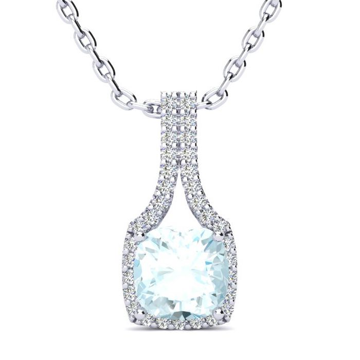 2 Carat Cushion Cut Aquamarine & Classic Halo Diamond Necklace in 14K White Gold (2.8 g), 18 Inches,  by SuperJeweler