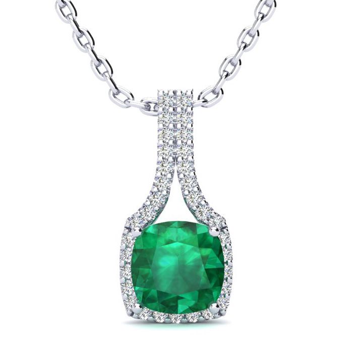 2 Carat Cushion Cut Emerald & Classic Halo Diamond Necklace in 14K White Gold (2.8 g), 18 Inches,  by SuperJeweler