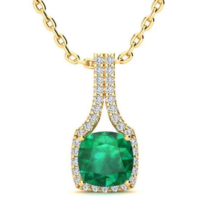 2 Carat Cushion Cut Emerald Cut Necklaces W/ Diamond Halo In 14K Yellow Gold (2.8 G), 18 Inch Chain (I-J, SI2-I1) By SuperJeweler