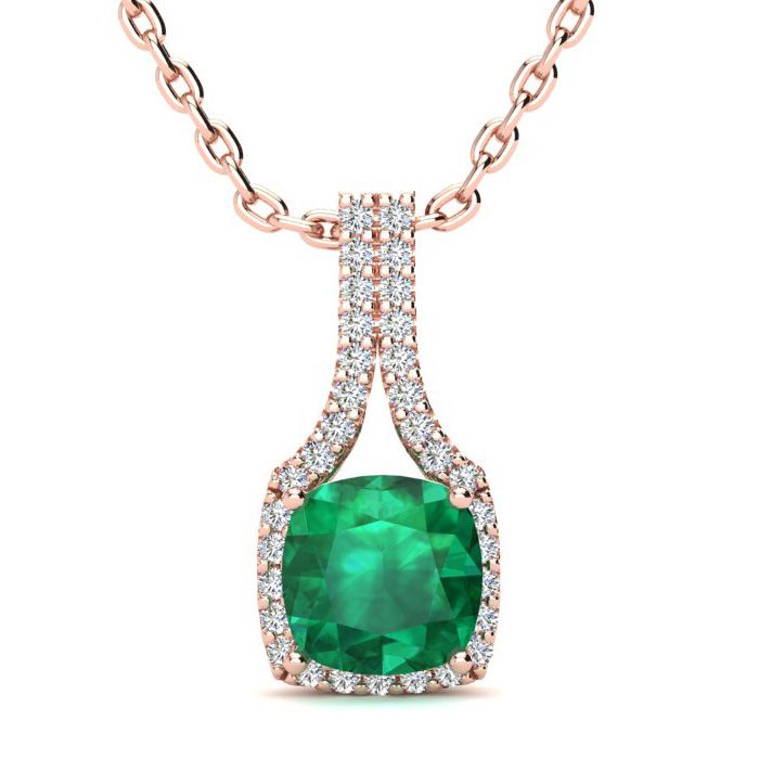 2 Carat Cushion Cut Emerald & Classic Halo Diamond Necklace in 14K Rose Gold (2.8 g), 18 Inches,  by SuperJeweler