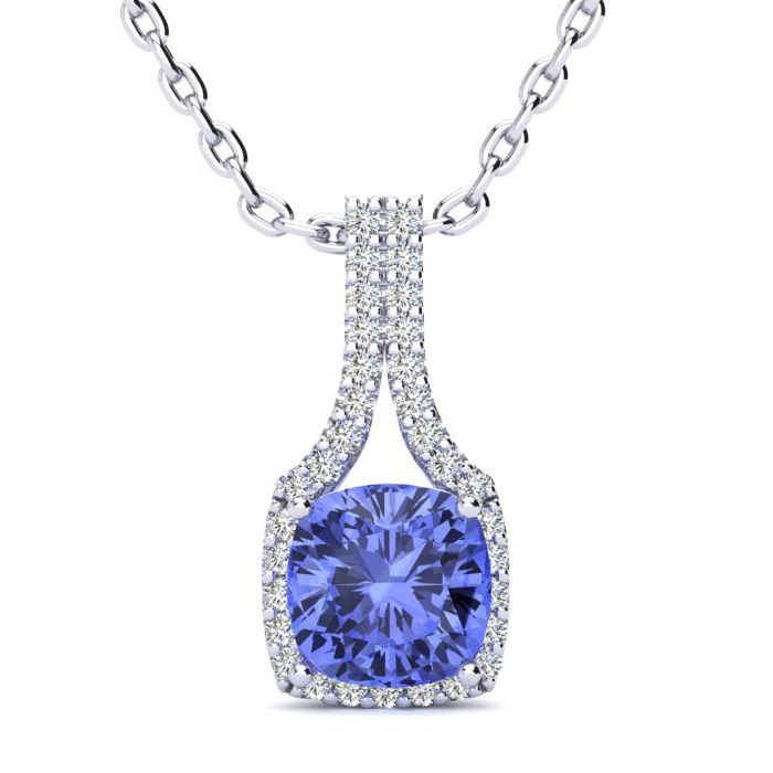 1 3/4 Carat Cushion Cut Tanzanite & Classic Halo Diamond Necklace in 14K White Gold (2.8 g), 18 Inches,  by SuperJeweler