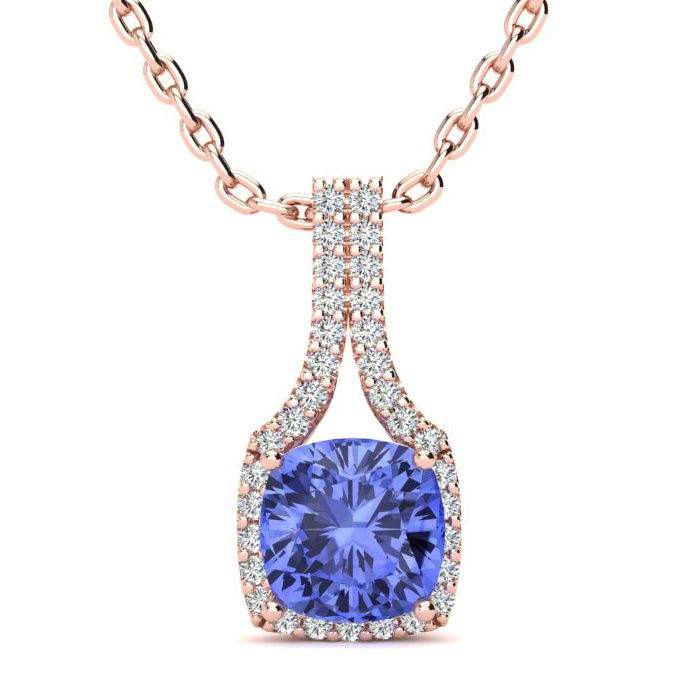 1 3/4 Carat Cushion Cut Tanzanite & Classic Halo Diamond Necklace in 14K Rose Gold (2.8 g), 18 Inches,  by SuperJeweler