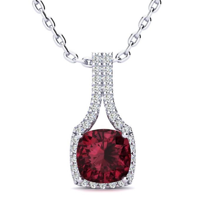 2 Carat Cushion Cut Garnet & Classic Halo Diamond Necklace in 14K White Gold (2.8 g), 18 Inches,  by SuperJeweler