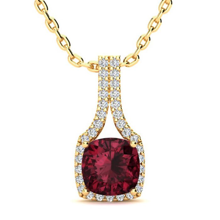 2 Carat Cushion Cut Garnet & Classic Halo Diamond Necklace in 14K Yellow Gold (2.8 g), 18 Inches,  by SuperJeweler