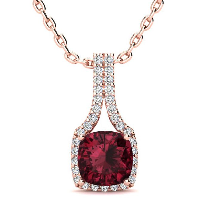 2 Carat Cushion Cut Garnet & Classic Halo Diamond Necklace in 14K Rose Gold (2.8 g), 18 Inches,  by SuperJeweler