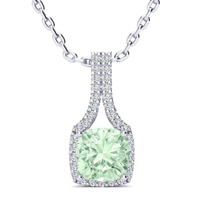 1 2/3 Carat Cushion Cut Green Amethyst & Classic Halo Diamond Necklace in 14K White Gold (2.8 g), 18 Inches,  by SuperJeweler