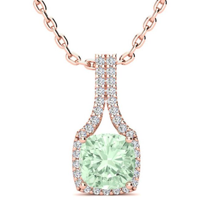 1 2/3 Carat Cushion Cut Green Amethyst & Classic Halo Diamond Necklace in 14K Rose Gold (2.8 g), 18 Inches,  by SuperJeweler