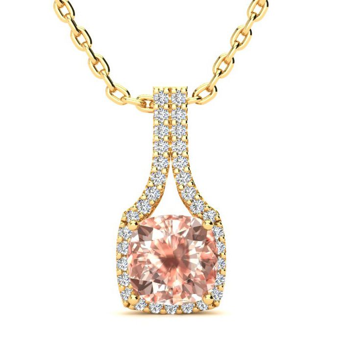 2 Carat Cushion Cut Morganite & Classic Halo Diamond Necklace in 14K Yellow Gold (2.8 g), 18 Inches,  by SuperJeweler