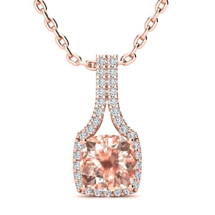 2 Carat Cushion Cut Morganite & Classic Halo Diamond Necklace in 14K Rose Gold (2.8 g), 18 Inches,  by SuperJeweler