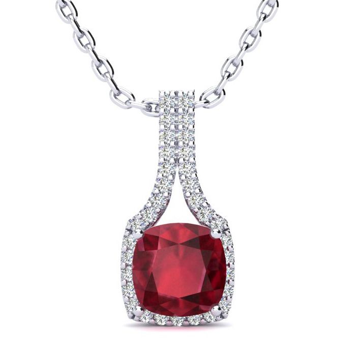 2 Carat Cushion Cut Ruby & Classic Halo Diamond Necklace in 14K White Gold (2.8 g), 18 Inches,  by SuperJeweler