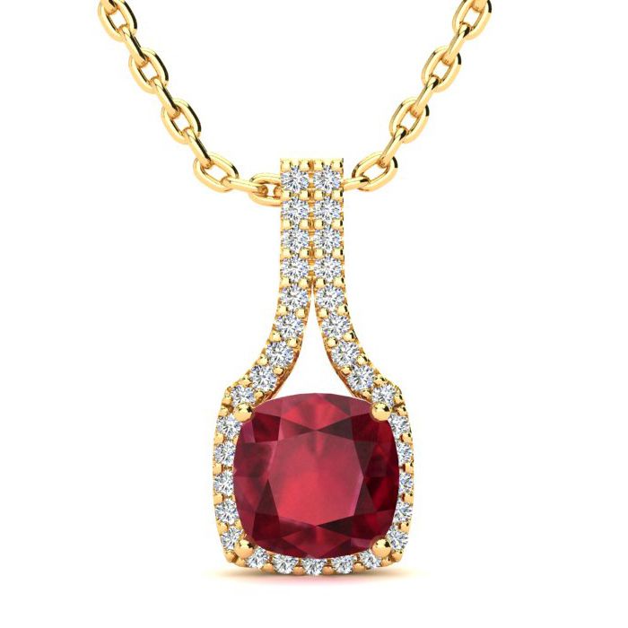 2 Carat Cushion Cut Ruby & Classic Halo Diamond Necklace in 14K Yellow Gold (2.8 g), 18 Inches,  by SuperJeweler