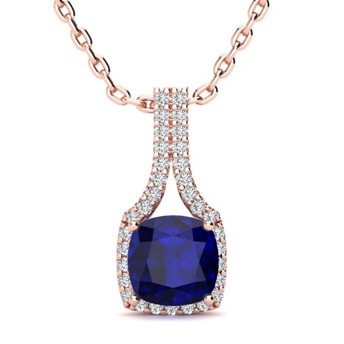 2 Carat Cushion Cut Sapphire & Classic Halo Diamond Necklace in 14K Rose Gold (2.8 g), 18 Inches,  by SuperJeweler