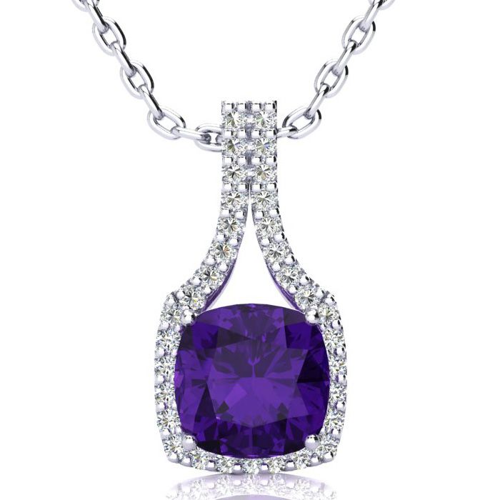 2.5 Carat Cushion Cut Amethyst & Classic Halo Diamond Necklace in 14K White Gold (3.5 g), 18 Inches,  by SuperJeweler