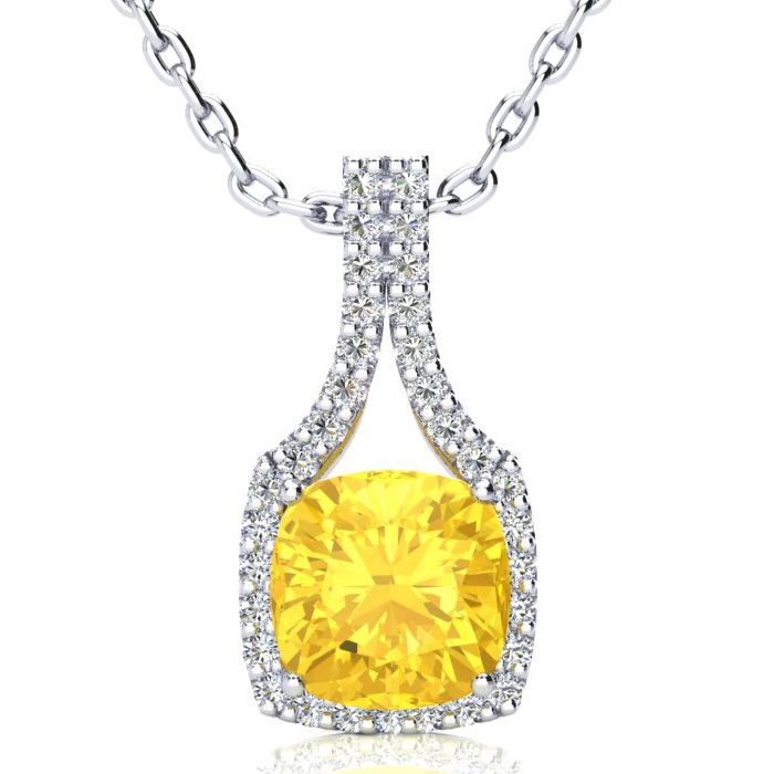 2.5 Carat Cushion Cut Citrine & Classic Halo Diamond Necklace in 14K White Gold (3.5 g), 18 Inches,  by SuperJeweler