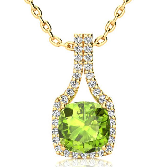 3 Carat Cushion Cut Peridot & Classic Halo Diamond Necklace in 14K Yellow Gold (3.5 g), 18 Inches,  by SuperJeweler