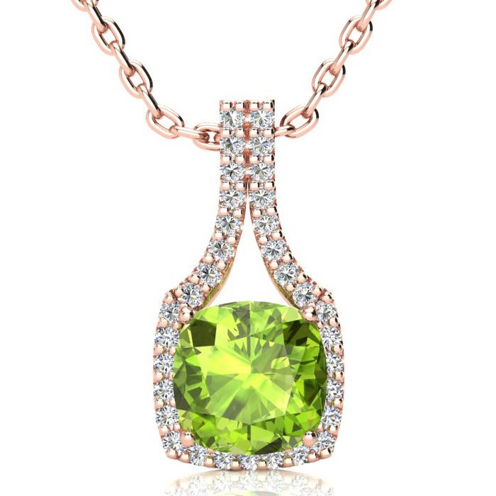 3 Carat Cushion Cut Peridot & Classic Halo Diamond Necklace in 14K Rose Gold (3.5 g), 18 Inches,  by SuperJeweler