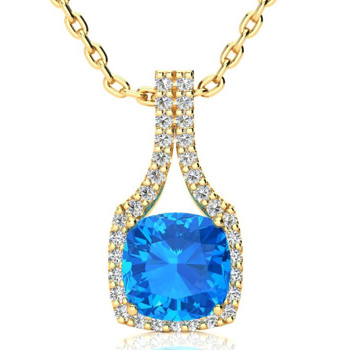 3 Carat Cushion Cut Blue Topaz & Classic Halo Diamond Necklace in 14K Yellow Gold (3.5 g), 18 Inches,  by SuperJeweler