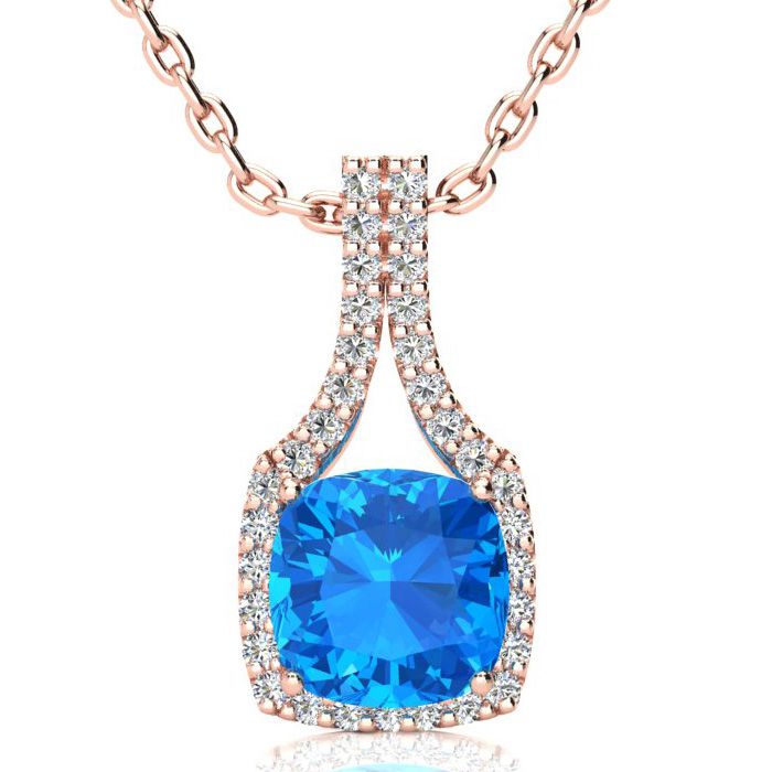 3 Carat Cushion Cut Blue Topaz & Classic Halo Diamond Necklace in 14K Rose Gold (3.5 g), 18 Inches,  by SuperJeweler