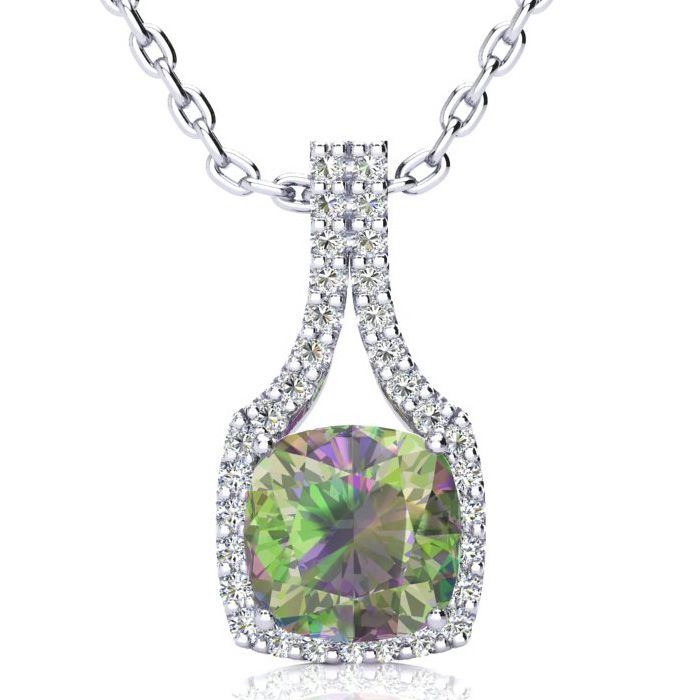 2.5 Carat Cushion Cut Mystic Topaz & Classic Halo Diamond Necklace in 14K White Gold (3.5 g), 18 Inches,  by SuperJeweler