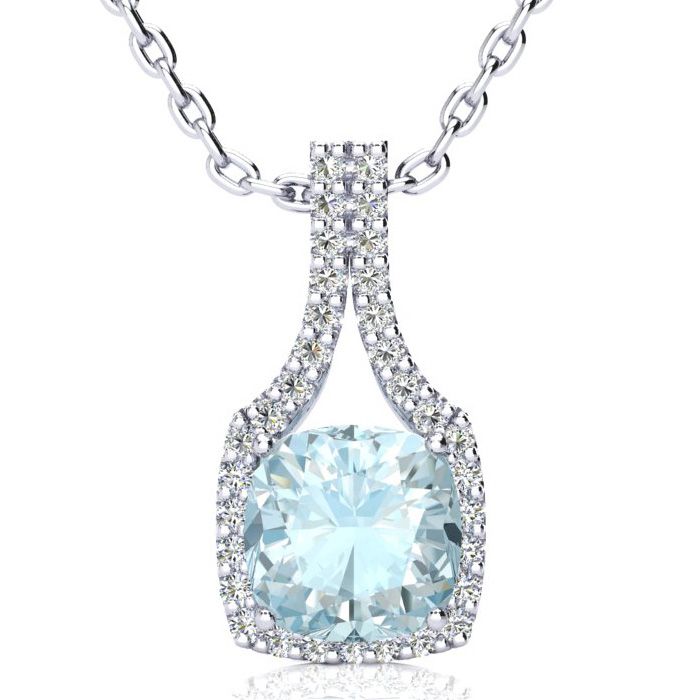 2.5 Carat Cushion Cut Aquamarine & Classic Halo Diamond Necklace in 14K White Gold (3.5 g), 18 Inches,  by SuperJeweler