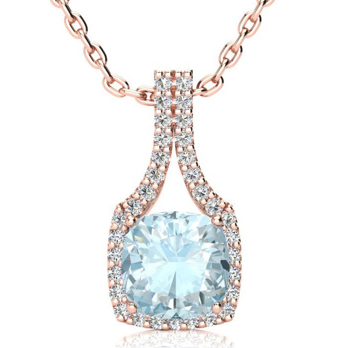 2.5 Carat Cushion Cut Aquamarine & Classic Halo Diamond Necklace in 14K Rose Gold (3.5 g), 18 Inches,  by SuperJeweler