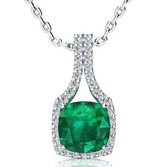 2.5 Carat Cushion Cut Emerald & Classic Halo Diamond Necklace in 14K White Gold (3.5 g), 18 Inches,  by SuperJeweler