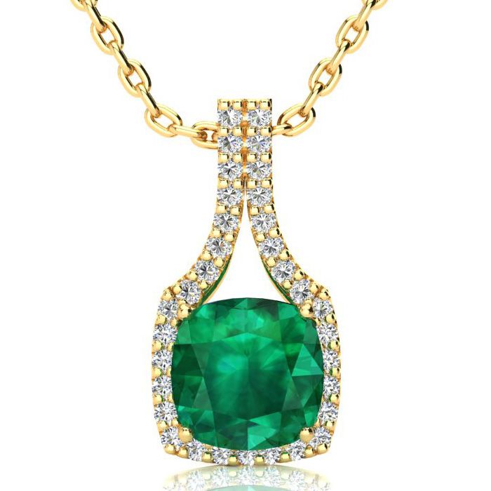 2.5 Carat Cushion Cut Emerald & Classic Halo Diamond Necklace in 14K Yellow Gold (3.5 g), 18 Inches,  by SuperJeweler