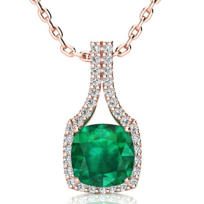 2.5 Carat Cushion Cut Emerald & Classic Halo Diamond Necklace in 14K Rose Gold (3.5 g), 18 Inches,  by SuperJeweler