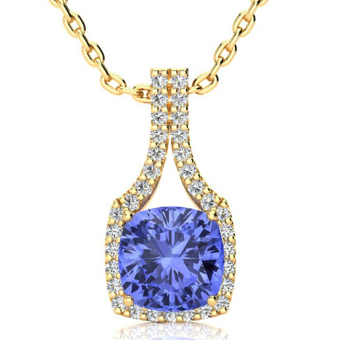 3 Carat Cushion Cut Tanzanite & Classic Halo Diamond Necklace In 14K Yellow Gold (3.5 G), 18 Inches, I/J By SuperJeweler