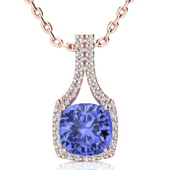 3 Carat Cushion Cut Tanzanite & Classic Halo Diamond Necklace in 14K Rose Gold (3.5 g), 18 Inches,  by SuperJeweler