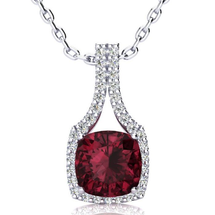 3 2/3 Carat Cushion Cut Garnet & Classic Halo Diamond Necklace in 14K White Gold (3.5 g), 18 Inches,  by SuperJeweler