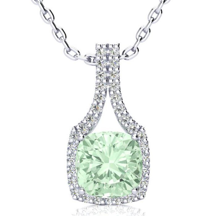 2.5 Carat Cushion Cut Green Amethyst & Classic Halo Diamond Necklace in 14K White Gold (3.5 g), 18 Inches,  by SuperJeweler