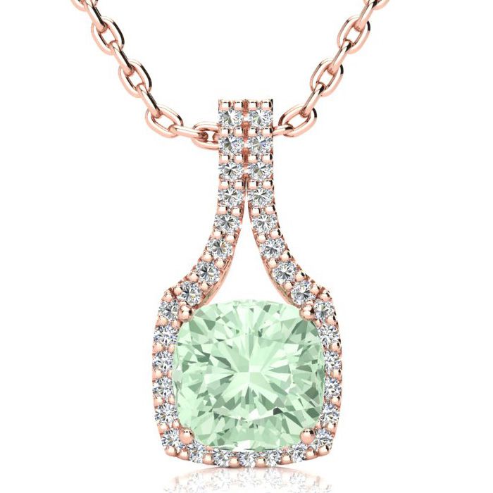 2.5 Carat Cushion Cut Green Amethyst & Classic Halo Diamond Necklace in 14K Rose Gold (3.5 g), 18 Inches,  by SuperJeweler