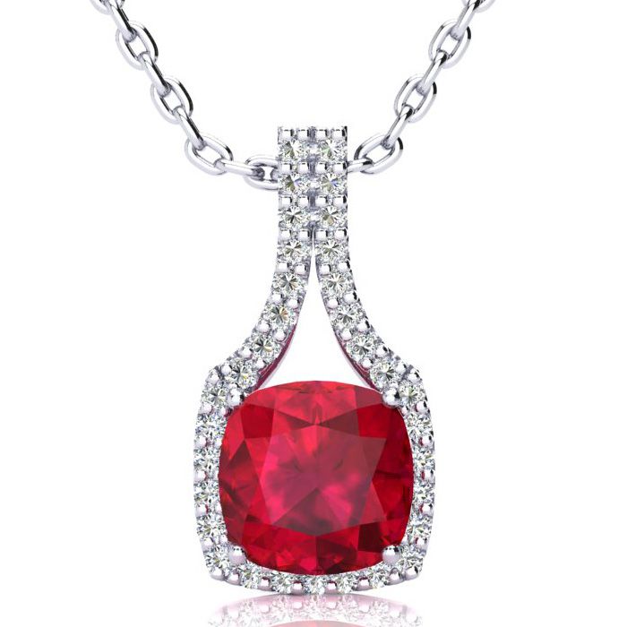 3 1/2 Carat Cushion Cut Ruby & Classic Halo Diamond Necklace in 14K White Gold (3.5 g), 18 Inches,  by SuperJeweler