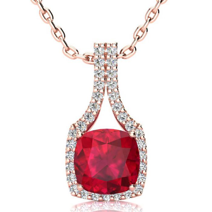 3 1/2 Carat Cushion Cut Ruby & Classic Halo Diamond Necklace in 14K Rose Gold (3.5 g), 18 Inches,  by SuperJeweler