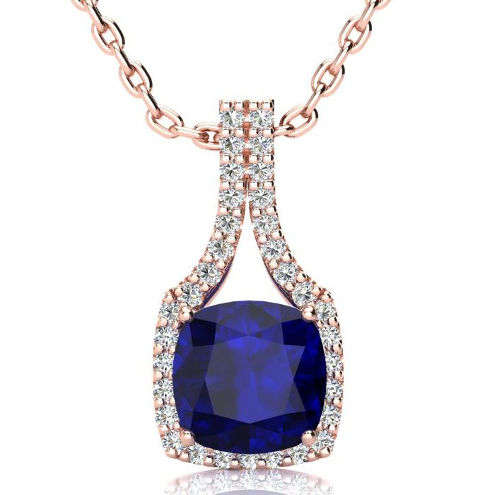 3 1/2 Carat Cushion Cut Sapphire & Classic Halo Diamond Necklace in 14K Rose Gold (3.5 g), 18 Inches,  by SuperJeweler