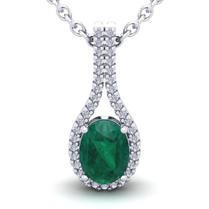 1 1/3 Carat Oval Shape Emerald Cut & Halo Diamond Necklace in 14K White Gold (2.2 g), 18 Inches,  by SuperJeweler