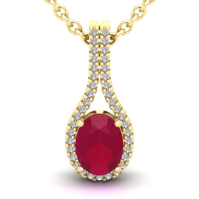 1 3/4 Carat Oval Shape Ruby & Halo Diamond Necklace in 14K Yellow Gold (2.2 g), 18 Inches,  by SuperJeweler