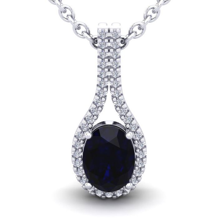 1 3/4 Carat Oval Shape Sapphire & Halo Diamond Necklace in 14K White Gold (2.2 g), 18 Inches,  by SuperJeweler